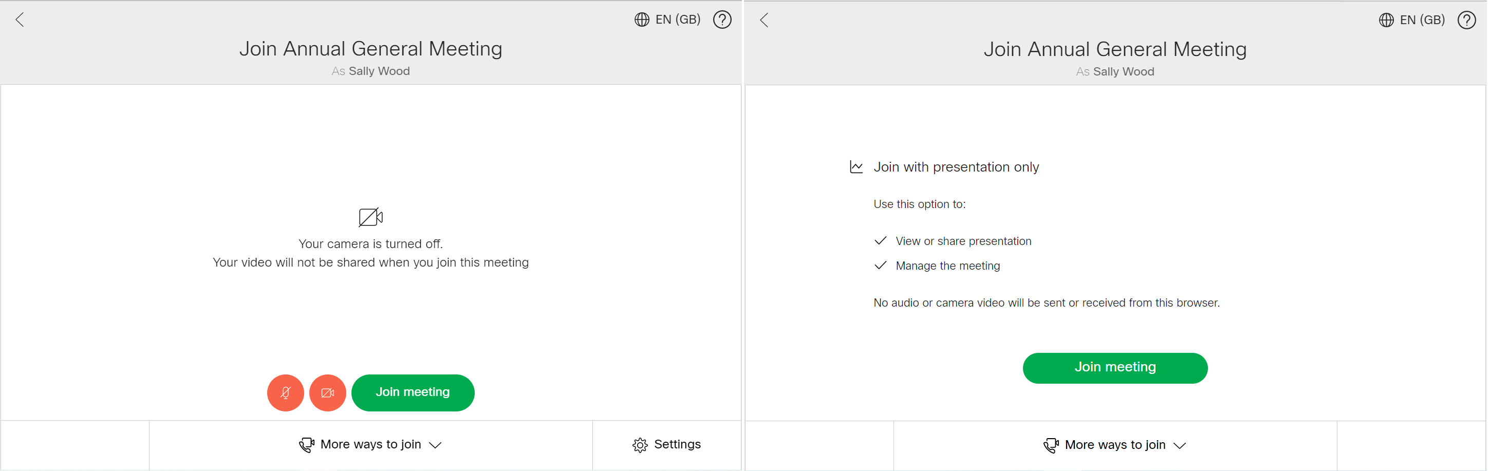 Join method screen before joining the meeting