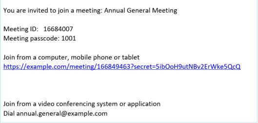 Sample email invite shows meeting ID, passcode and meeting link